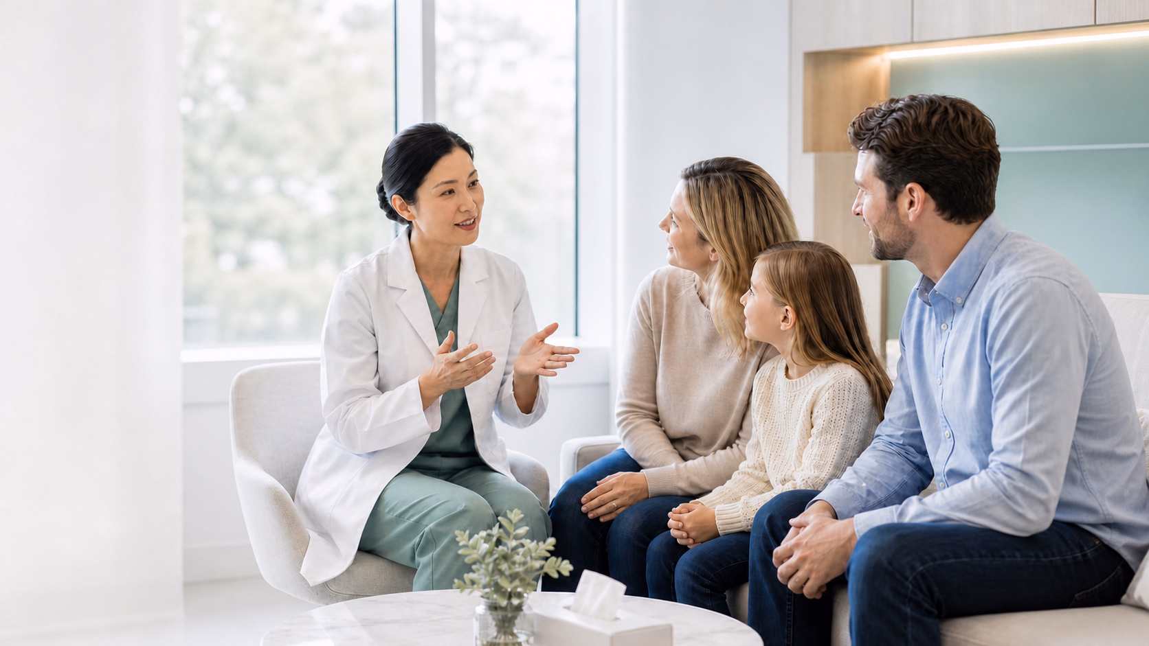 Doctor consulting with an international family in a bright clinical room